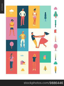 Bright people portraits pattern -young men and women - set of various posing people in fashion colors - standing with arms akimbo, crossed arms, whirling couple holding their hands, concept characters. Bright people portraits set - young men and women