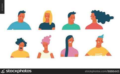 Bright people portraits set - hand drawn flat style vector design concept illustration of young men and women, male and female faces and shoulders avatars. Flat style vector icons set. Bright people portraits set - young men and women