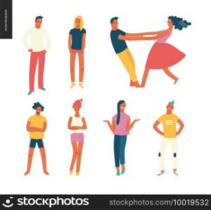 Bright people portraits set - young men and women - set of various posing people in fashion colors - standing with arms akimbo, crossed arms, whirling couple holding their hands, concept characters. Bright people portraits set - young men and women