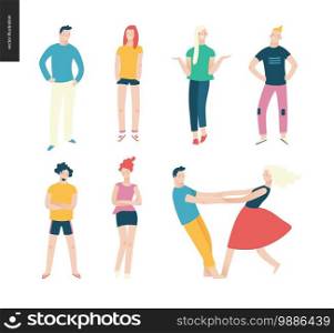 Bright people portraits set - young men and women - set of various posing people in fashion colors - standing with arms akimbo, crossed arms, whirling couple holding their hands, concept characters. Bright people portraits set - young men and women