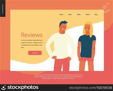 Bright people portraits - website template Reviews. Flat style vector doodle design illustration of smiling boy standing with arms akimbo and a girl with hands in pockets, concept illustration. Bright people portraits - website template