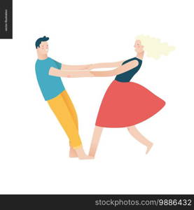 Bright people portraits - young hetorexual couple, man and woman whirling in love holding their hands looking into the eyes, flat vector concept illustration. Bright people portraits - young couple