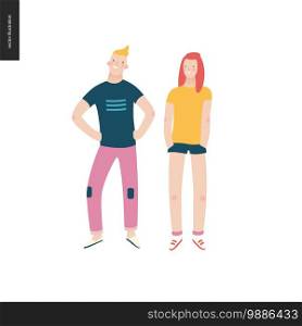 Bright people portraits - young man and woman, hand drawn flat style vector design illustration of a smiling boy standing with arms akimbo and a girl with hands in pockets, concept illustration. Bright people portraits - young man and woman