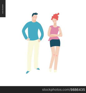 Bright people portraits - young man and woman, hand drawn flat style vector design illustration of a smiling boy standing with arms akimbo and a serious girl with crossed hands, concept illustration. Bright people portraits - young man and woman