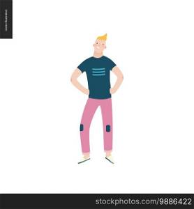 Bright people portraits - young man, hand drawn flat style vector doodle design illustration of a smiling young blond man standing with arms akimbo, concept illustration. Bright people portraits - young man