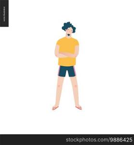 Bright people portraits - young man, hand drawn flat style vector doodle design illustration of a serious young man standing with his arms crossed, concept illustration. Bright people portraits - young man
