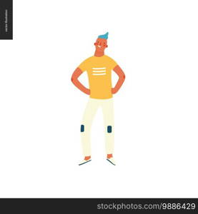 Bright people portraits - young man, hand drawn flat style vector doodle design illustration of a smiling young blue-haired sunburnt man standing with arms akimbo, concept illustration. Bright people portraits - young man