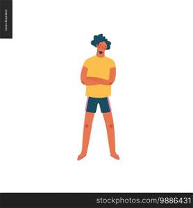 Bright people portraits - young man, hand drawn flat style vector doodle design illustration of a serious young sunburnt man standing with his arms crossed, concept illustration. Bright people portraits - young man