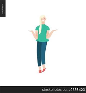 Bright people portraits - young woman, hand drawn flat style vector doodle design illustration of a smiling blonde girl standing writhing her hands, concept illustration. Bright people portraits - young woman