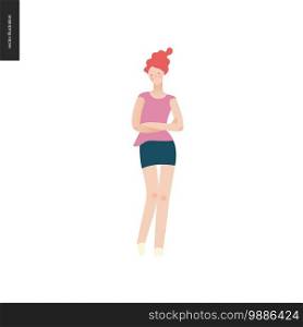 Bright people portraits - young woman, hand drawn flat style vector doodle design illustration of a serious girl standing with her arms crossed, concept illustration. Bright people portraits - young woman