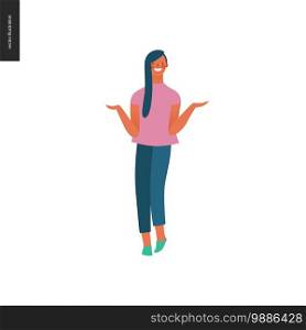 Bright people portraits - young woman, hand drawn flat style vector doodle design illustration of a smiling sunburnt girl standing writhing her hands, concept illustration. Bright people portraits - young woman