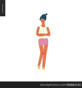 Bright people portraits - young woman, hand drawn flat style vector doodle design illustration of a serious sunburnt girl standing with her arms crossed, concept illustration. Bright people portraits - young woman