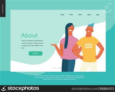 Bright people - website template About the the company. Flat style vector doodle illustration of a young woman standing writhing hands and smiling boy standing with arms akimbo, concept illustration. Bright people portraits - website template
