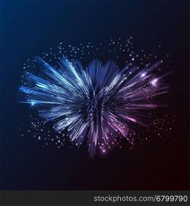 Bright pink and violet shining vector. Abstract fireworks explosion at dark background. Cosmic illustration for posters, flyers, covers, web presentations, business cards. Bright vector flash