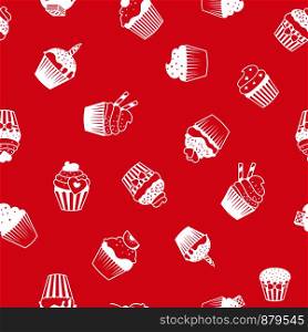 Bright pink color decorative pattern with white muffins or cupcakes. Vector illustration. Bright decorative pattern with muffins