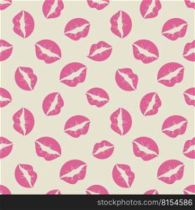 .Bright pink lips seamless pattern. Valentines day, Pink lips, kisses on a yellow background. Vector flat illustration. .Bright pink lips seamless pattern. Valentines day