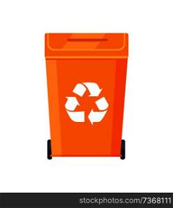 Bright plastic rubbish bin with recycling sign. Container for litter in orange color. Device that contain garbage isolated flat vector illustration.. Bright Plastic Rubbish Bin with Recycling Sign