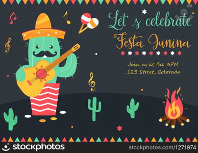 Bright poster for Festa Junina with happy caactus in sombrero. Bright poster for Festa Junina with happy cactus