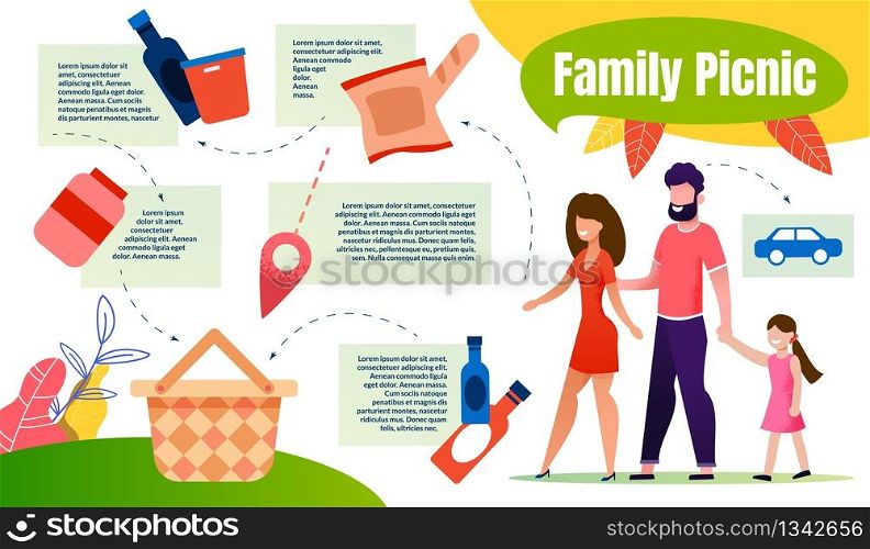 Bright Poster Gathering Family Picnic Products. Husband Leads Daughter by Hand, Hugs his Wife. Family with Child Collect Basket for Family Picnic. Drinks and Food for Families. Vector Illustration.. Bright Poster Gathering Family Picnic Products.