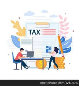 Bright Poster Inscription on Document Tax Flat. Banner Employees Work after Hours. Woman Carries Folders, Man Sits at Table and Carries Out Calculation Cartoon. Vector Illustration.