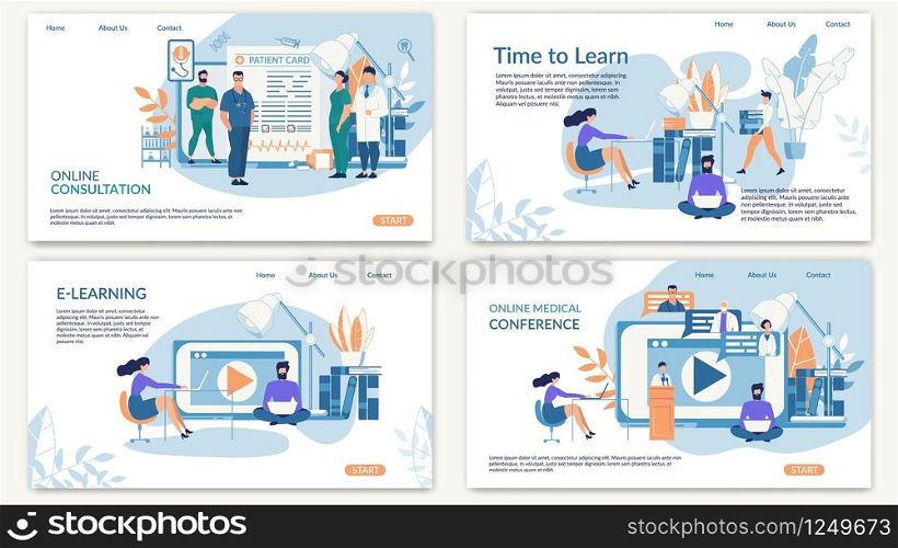 Bright Poster Inscription Online Consultation. Banner Is Written E-learning, Time to Learn, Online Medical Conference. Banner Students Study at Medical University. Vector Illustration.