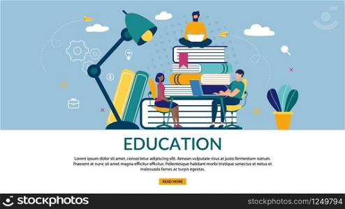 Bright Poster is Written Education, Cartoon Flat. Banner Man With Laptop Sits on Top Big Books Folded. Guy with Girl Sitting at Table Under Lighting Huge Lamp. Vector Illustration.