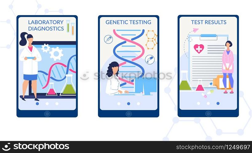 Bright Poster is Written Laboratory Diagnostics. Set Banner Inscription Genetic Testing, Test Results. Young Women Work in Promising Direction Medicine Cartoon. Vector Illustration.