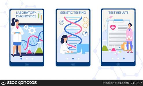 Bright Poster is Written Laboratory Diagnostics. Set Banner Inscription Genetic Testing, Test Results. Young Women Work in Promising Direction Medicine Cartoon. Vector Illustration.