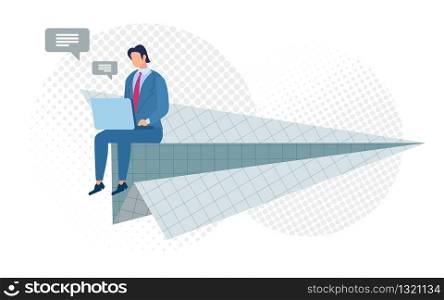 Bright Poster Light Flight Virtual Thought Flat. Banner Conceptual Idea Easy Messaging Online. Flyer Man Flies on Paper Airplane and Writes Messages from Laptop. Vector Illustration.
