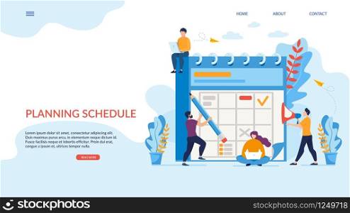 Bright Poster Planning Schedule Lettering Flat. Banner Joint Access to Working Calendar. Information Flyer Men and Women Work Hard on Daily Plan Cartoon. Vector Illustration Landing Page.