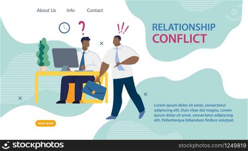 Bright Poster Relationship Conflict Lettering. Banner Good Working Capacity Office. Guy Exclaims with Indignation, Man Sits at Table and does not Understand Cartoon. Vector Illustration.