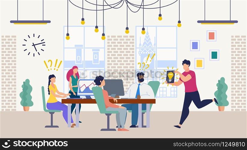Bright Poster Search for Productive Idea Flat. Creating Positive Opinion about Company Among Partners. Modern Office Life. Employees are Sitting at Table in Office, Guy is Running with Ideas.