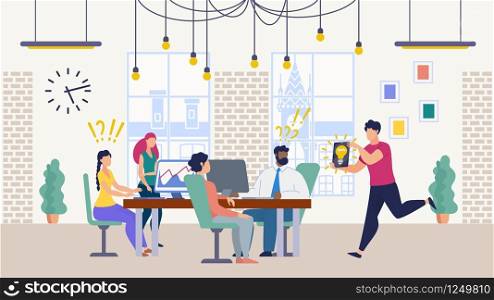 Bright Poster Search for Productive Idea Flat. Creating Positive Opinion about Company Among Partners. Modern Office Life. Employees are Sitting at Table in Office, Guy is Running with Ideas.