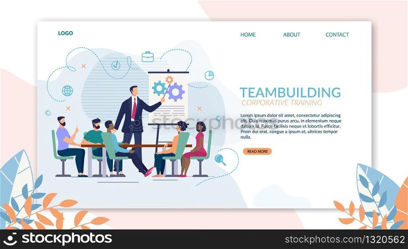 Bright Poster Teambuilding Corporate Training. Coach Will Realize Potential in Online Business. Man in Suit Stands Near Blackboard and Tells People Sitting at Table. Vector Illustration.