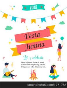 Bright poster temlate with colorful elements and minimalistic people for Festa Junina. Bright poster for Festa Junina
