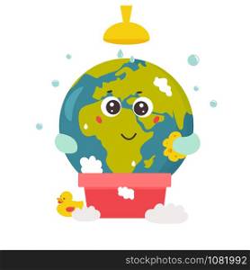 Bright poster with Cartoon Planet taking shower.