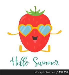 Bright poster with cute sweet strawberry. Hello summer banner. Bright poster with cute sweet strawberry.