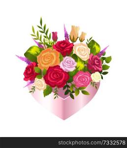 Bright poster with elegant bunch with flowers, vector illustration isolated on white background, varied roses and lilac, green leaves and petals. Bright Poster with Elegant Bunch with Flowers