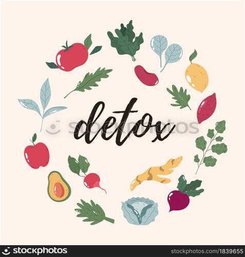 Bright poster with various detox components vegetables, herbs, fruits. Vector flat illustration.. Bright poster with various detox components vegetables, herbs, fruits