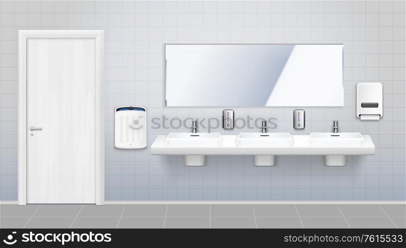 Bright public toilet interior composition with big mirror and three washbasins and washing tools vector illustration
