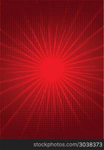 Bright Red Background. Illustration of abstract red background with rays and halftone.