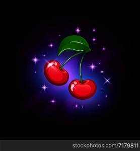 Bright red cherry with green leaf and sparkles, slot icon for online casino or logo for mobile game on dark purple background, vector illustration. Bright red cherry with green leaf and sparkles, slot icon for online casino or logo for mobile game on dark purple background, vector illustration.