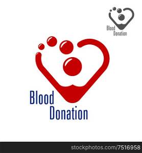Bright red heart made of blood drops with caption Blood Donation. Medicine, life saving, charity, healthcare theme design . Blood donation symbol with heart made of red drops