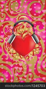 Bright red heart with big headphones design.