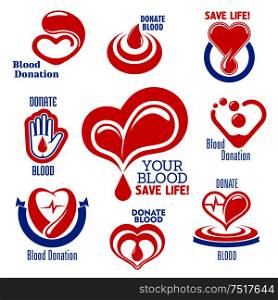 Bright red hearts icons with drops of blood, heartbeat graphs and open palm, supplemented by ribbon banners and captions Blood Donation. Use as medical charity, blood donor or healthcare themes design. Hearts, blood drops, hand icons for medical design