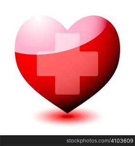 bright red love heart with medical cross sign and drop shadow