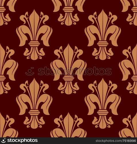 Bright red seamless fleur-de-lis background with floral pattern of victorian heraldic lilies. Luxury wallpaper, vintage interior accessories design usage. Red fleur-de-lis seamless pattern background