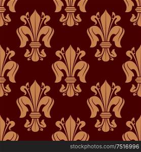 Bright red seamless fleur-de-lis background with floral pattern of victorian heraldic lilies. Luxury wallpaper, vintage interior accessories design usage. Red fleur-de-lis seamless pattern background