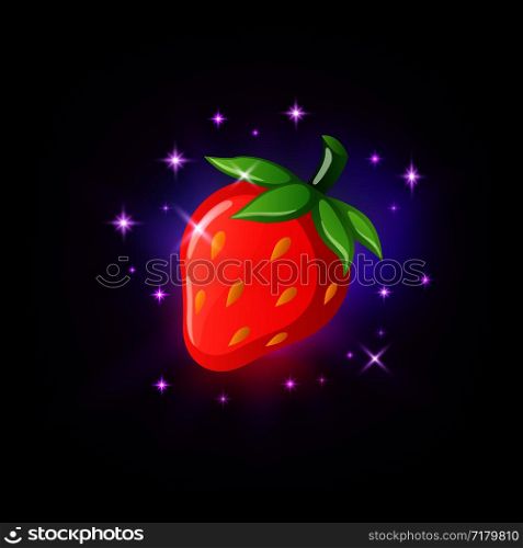 Bright red strawberry with green leaf and seeds, slot icon for online casino or logo for mobile game on dark purple background, vector illustration. Bright red strawberry with green leaf and seeds, slot icon for online casino or logo for mobile game on dark purple background, vector illustration.