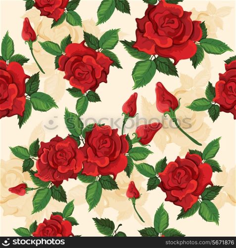 Bright red voluptuous fully opened roses retro seamless pattern for gift and presents wrapping paper vector illustration